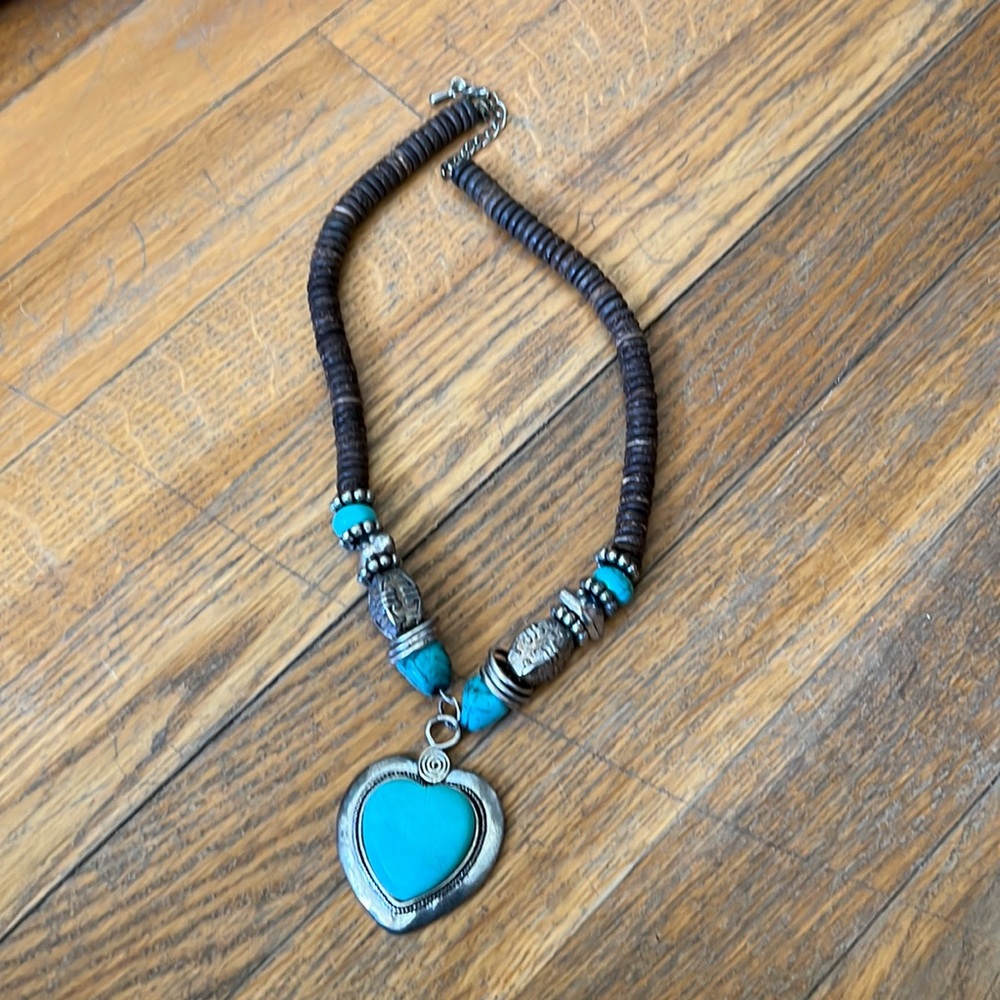 Turquoise heart necklace with wooden accents